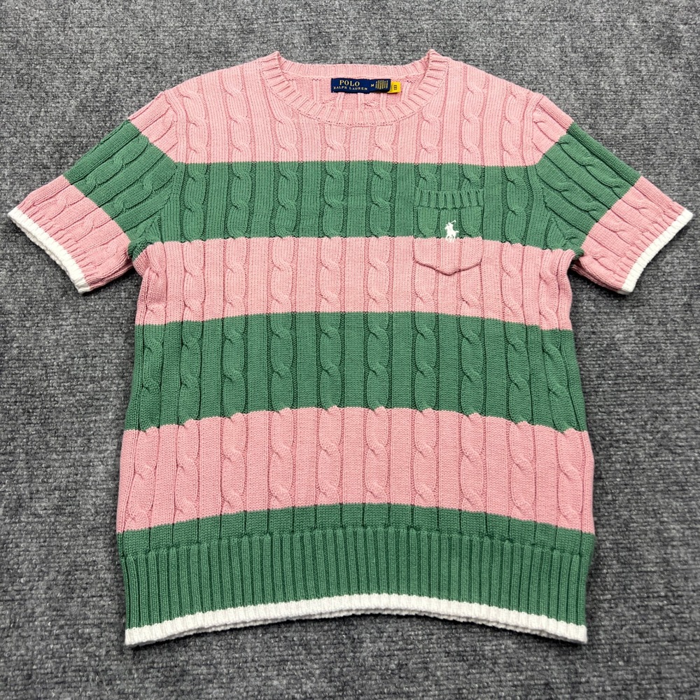Polo Ralph Lauren Sweater Womens Med Pink Green Striped Cable Knit Short Sleeve